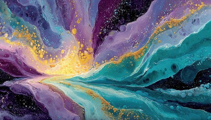 Fototapeta premium Abstract Landscape with Golden Accents and Mirrored Reflection in Teal Purple and White Hues