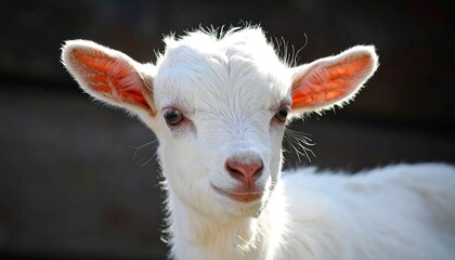 Smiling young goat with fluffy white fur and big ears