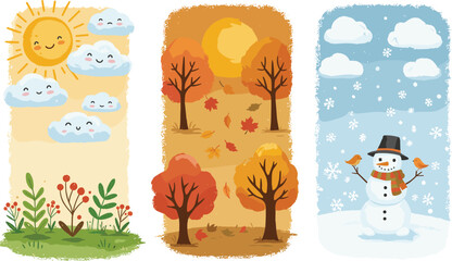 Cute seasonal landscape scenes, sunny spring meadow, autumn forest with falling leaves, cheerful snowman winter background, cartoon weather concept, vector illustration