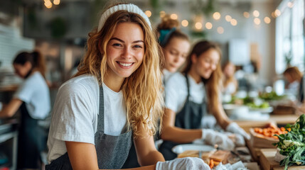 Enthusiastic young woman with apron and headband, beaming while preparing healthy food with team in professional kitchen