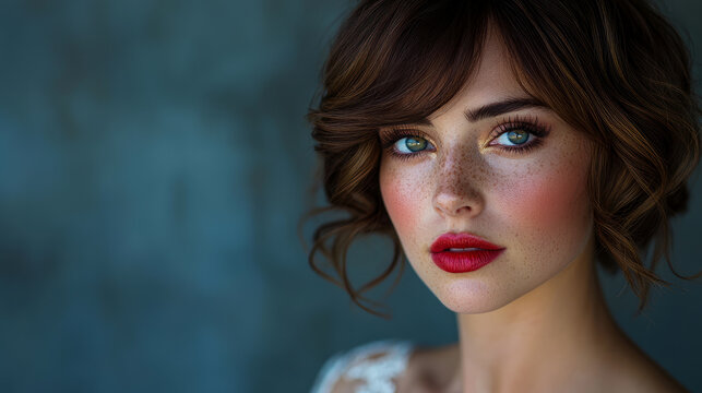 Captivating close-up portrait of stunning woman with vibrant blue-green eyes, abundant freckles, soft rosy cheeks, and bold red lips, set against serene blue background