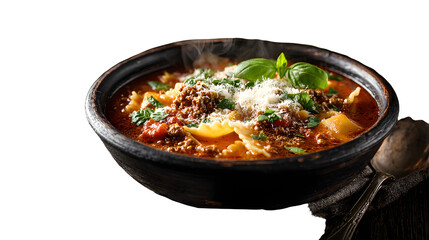 Hearty steaming bowl of lasagna soup with rich meat sauce, tender pasta, fresh basil, and grated parmesan cheese, a comforting classic.