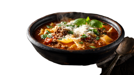Hearty steaming bowl of lasagna soup with rich meat sauce, tender pasta, fresh basil, and grated parmesan cheese, a comforting classic.