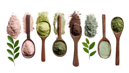 Wooden spoons holding various natural powders, including pink, green, light yellow, brown, and grayish colors.  Leafy green elements are visible
