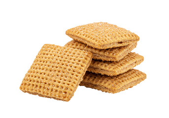 Stack of square cookies with sugar granules isolated on transparent background