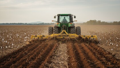 Fototapeta premium Medium shot showing a tractor plowing the cotton field turning the soil to disrupt weed roots and prepare the ground for effective weed control.