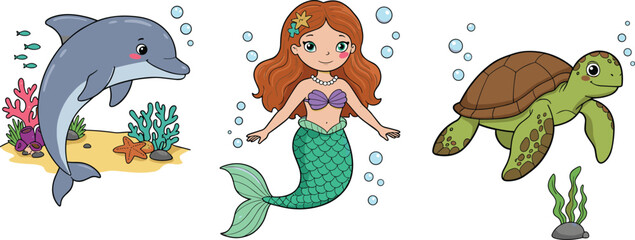 Obraz premium Cute underwater characters, cartoon mermaid with dolphin and sea turtle, colorful ocean animals and coral reef design, kids marine theme, vector illustration