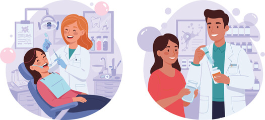 Dentist and pharmacist with patients, dental checkup and medication consultation in modern clinic interior, healthcare and medical professional concept vector illustration