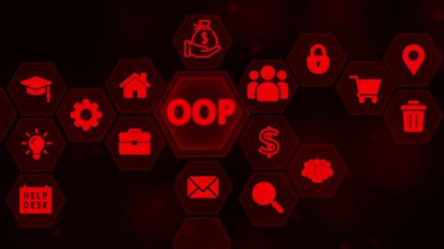 Object Oriented Programming Concept Infographic with Icons and Red Glowing Lines on Dark Background software