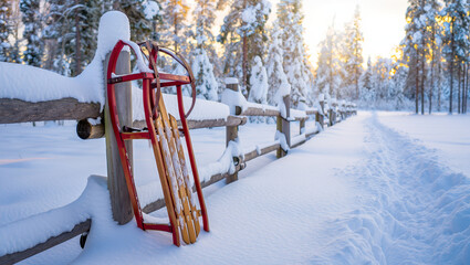 Red wooden sled leaning on rustic fence in snowy forest. AI generated.
