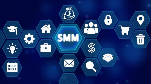 SM concept diagram with icons for social media marketing and business growth on a black background technology