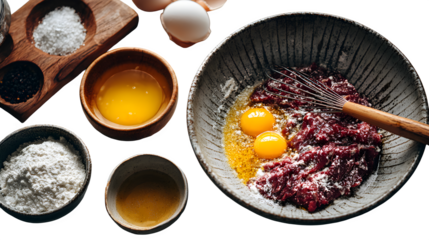 Gourmet ingredients for preparing raw beef steak tartare with fresh eggs and seasonings, a culinary adventure awaits