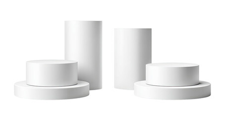 Four white, cylindrical, stacked podiums