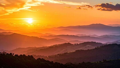 Obraz premium Dramatic Twilight with Golden Hour Light over Silhouetted Mountain Ranges and Tree Silhouettes in Minimalistic Nature Scenery with Vibrant Orange Sky