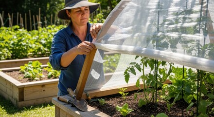 Medium shot of a gardener attaching a partial shade cloth over a vegetable bed to protect plants from midday sun while allowing filtered light for growth.