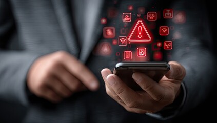 Alert on Mobile Device Displaying Red Warning Icons in Dark Background with Textured Suit Sleeves and Hand Holding Device in Dramatic Lighting