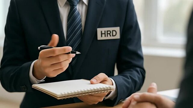 HRD Professional in a Dark Suit Taking Notes During a Formal Business Interview or Consultation in an Office Setting