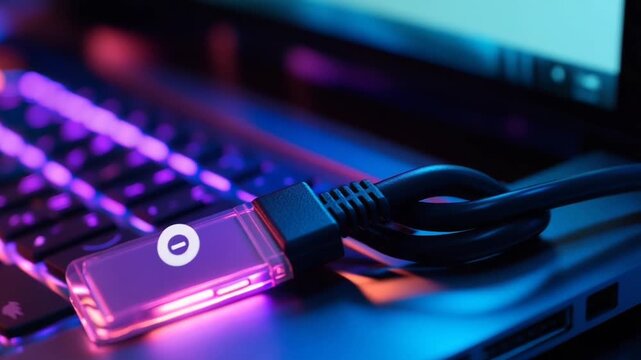 Close up of a USB drive plugged into a laptop with RGB lighting.