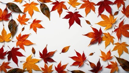 Fototapeta premium Vibrant fall leaves framing a white background nature still life autumn serenity close-up view