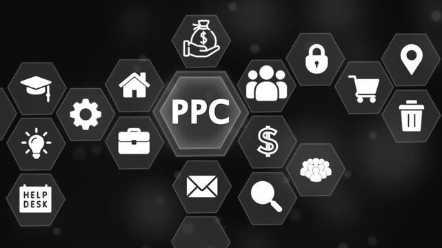 Digital Marketing Strategy PC Concept with Icons and Glowing Blue Lines on Black Background pay per click