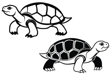 Set of silhouette turtles in various poses on white background.
