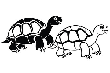 Set of silhouette turtles in various poses on white background.