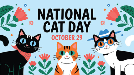 Vector art of happy national cat day banner with three cute cartoon cats, flowers, and text celebrating october 29