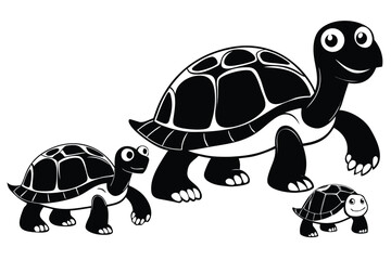 Set of silhouette turtles in various poses on white background.