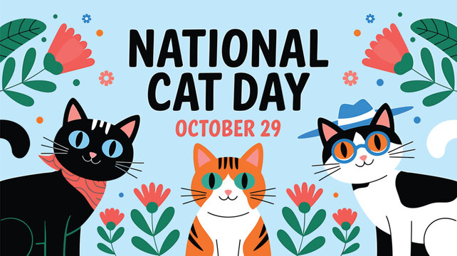 Vector art of happy national cat day banner with three cute cartoon cats, flowers, and text celebrating october 29