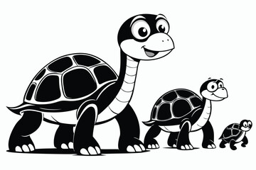 Set of silhouette turtles in various poses on white background.