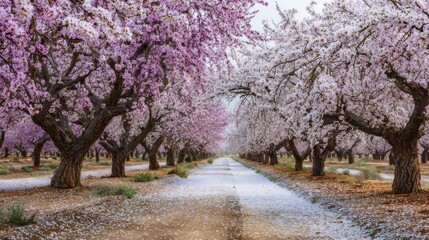 Naklejka premium Almond_orchard_in_full_bloom_with_soft_pink-white