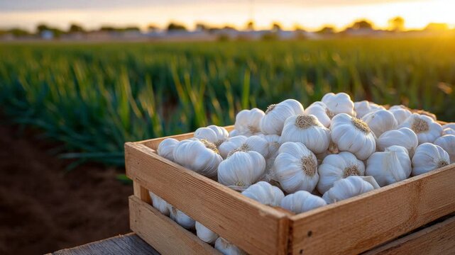 Neatly arranged garlic bulbs in a wooden crate on a rustic farm table, set against a backdrop of blurred crops and golden sunlight.