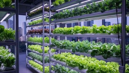 Medium shot highlighting vibrant crop growth on multiple vertical layers with precise LED lighting in a modern urban agriculture space.