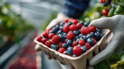 A farmer’s clean hand gently picking ripe organic berries from a bush in a natural agricultural setting.