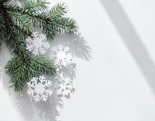 Minimalist Christmas composition with fir branches and paper snowflakes on white background