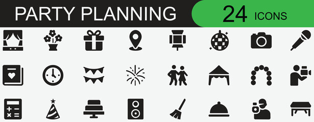 Party Planning Solid Icon Set. Containing celebration, event, wedding, birthday, festival, venue, and more. Editable vector icon for mobile apps, UI/UX design, and corporate event booking