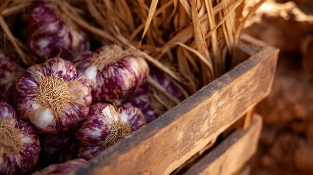 Explore the intricate beauty of farm-fresh garlic with a macro view of cloves and bulbs, highlighting earthy textures and sunlit details.