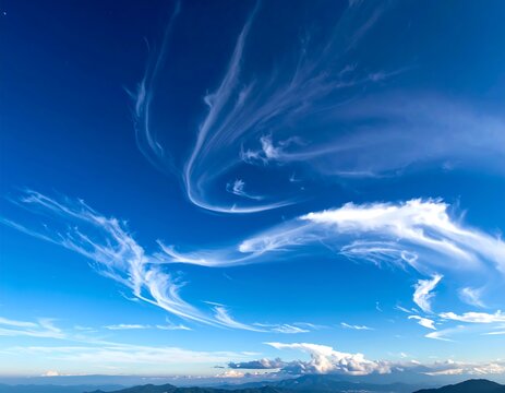 Wispy clouds dance across a vibrant blue sky.  Layers of clouds, some wispy, some thick, against a deep cerulean sky.  Mountain ranges faintly visible in the distance - Powered by Adobe