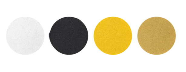 Four circular color swatches white, black, yellow, and tan