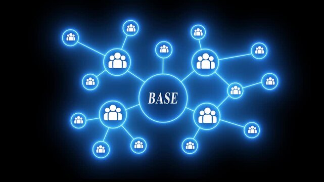 Glowing blue network of people icons connected by lines with central word B A S E on black background representing community connection teamwork and digital communication