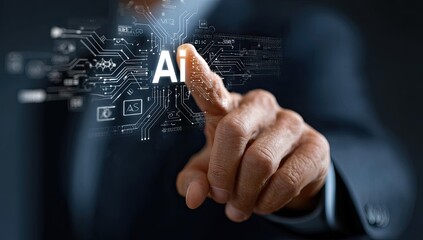 Businessman in Dark Suit Interacting With Digital Ai Interface with Circuit Board Pattern Against Dark Background in Studio Setting