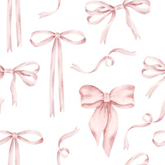 It's a girl. Watercolor hand-drawn seamless pattern with different pink bows. Cute print for kids.