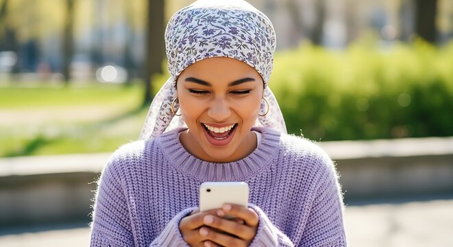 Happy young woman using smartphone wearing hijab enjoying mobile technology outdoors