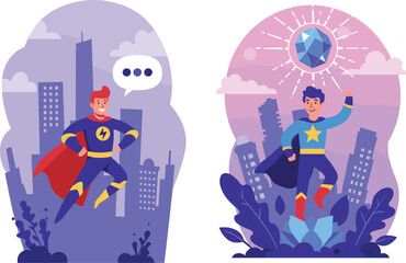 Superhero characters flying in cityscape, modern flat style comic heroes with capes and powers, fantasy action scene design, vector illustration