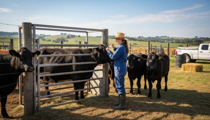 Veterinarian administering a vaccine to cattle on a ranch focusing on preventive health measures in a calm farm environment with attentive livestock.