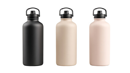 Three matte-finish water bottles, black, beige, and rose, in a studio shot
