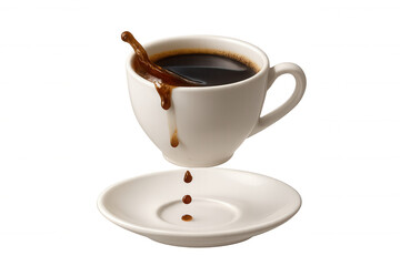 Coffee splashing from white cup, dripping onto saucer, vigorous morning energy on transparent background