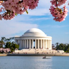 Cherry blossoms frame a blurred view of the Lincoln Memorial
