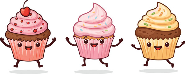 Cute cartoon cupcakes with smiling faces, sweet dessert characters with frosting and sprinkles, perfect for bakery design and kids illustration.