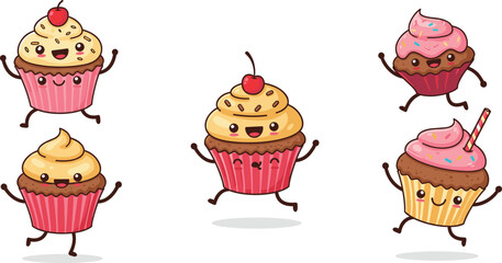 Cute cartoon cupcakes with smiling faces, colorful frosting, sprinkles, and playful expressions, perfect for kids, bakery branding, and party design.